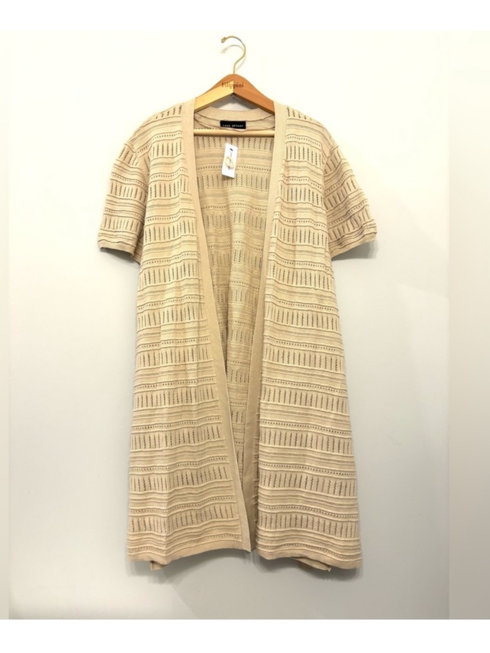 Long Open Front Knit Cardigan Boho Short Sleeve Beige Lane Bryant Size 22/24 NWT